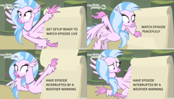 Size: 1800x1026 | Tagged: safe, edit, edited screencap, screencap, species:classical hippogriff, species:hippogriff, episode:uprooted, g4, my little pony: friendship is magic, emergency alert system, female, flying, gru's plan, meme, silverstream's plan, solo