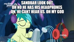 Size: 889x500 | Tagged: safe, edit, edited screencap, screencap, character:sandbar, species:pony, episode:uprooted, g4, my little pony: friendship is magic, discovery family logo, earmuffs, eyes closed, headphones, male, meme, plant, sapling, solo, squidward the truck's coming, watering can