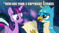 Size: 888x500 | Tagged: safe, edit, edited screencap, screencap, character:gallus, character:twilight sparkle, character:twilight sparkle (alicorn), species:alicorn, species:griffon, species:pony, episode:uprooted, g4, my little pony: friendship is magic, caption, copyright, duo, female, image macro, male, mare, text