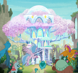 Size: 1920x1788 | Tagged: safe, edit, edited screencap, screencap, character:gallus, character:ocellus, character:sandbar, character:silverstream, character:smolder, character:yona, species:changedling, species:changeling, species:classical hippogriff, species:dragon, species:earth pony, species:griffon, species:hippogriff, species:pony, species:reformed changeling, species:yak, episode:uprooted, g4, my little pony: friendship is magic, castle of the royal pony sisters, composite screencap, dragoness, female, flying, harmy castle, male, mosaic, student six, teenager, toyetic, treehouse of harmony