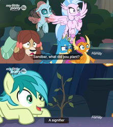 Size: 1600x1800 | Tagged: safe, edit, edited screencap, screencap, character:gallus, character:ocellus, character:sandbar, character:silverstream, character:smolder, character:yona, species:changedling, species:changeling, species:classical hippogriff, species:dragon, species:earth pony, species:griffon, species:hippogriff, species:pony, species:reformed changeling, species:yak, episode:uprooted, g4, my little pony: friendship is magic, bow, caption, d:, dragoness, female, flying, frown, glare, gritted teeth, hair bow, linguistics, looking at something, male, open mouth, philosophy, prone, sapling, semiotics, shocked, signifier, smiling, student six, subtitles, text, wide eyes, worried
