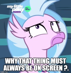 Size: 500x518 | Tagged: safe, edit, edited screencap, screencap, character:silverstream, episode:uprooted, g4, my little pony: friendship is magic, breaking the fourth wall, caption, cropped, engrish, female, image macro, looking up, meme, sad, serious, serious face, shrunken pupils, solo, text