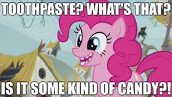 Size: 1920x1080 | Tagged: safe, edit, edited screencap, screencap, character:pinkie pie, episode:the lost treasure of griffonstone, g4, my little pony: friendship is magic, broken teeth, caption, image macro, missing teeth, reality ensues, rotten teeth, teeth, text