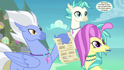 Size: 1280x720 | Tagged: safe, edit, edited screencap, screencap, character:ocean flow, character:sky beak, character:terramar, species:hippogriff, species:seapony (g4), episode:uprooted, g4, my little pony: friendship is magic, dialogue, family, implied cozy glow, implied silverstream, jewelry, mount aris, mouth hold, necklace, pencil, permission slip, speech bubble, trio
