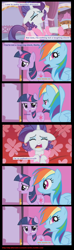Size: 748x2516 | Tagged: safe, edit, edited screencap, screencap, character:rainbow dash, character:rarity, character:twilight sparkle, episode:suited for success, g4, my little pony: friendship is magic, alternate scenario, bathrobe, clothing, comic, eyes closed, marshmelodrama, robe, screencap comic, slippers