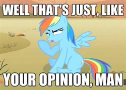 Size: 500x358 | Tagged: safe, edit, edited screencap, screencap, character:rainbow dash, species:pony, episode:over a barrel, g4, my little pony: friendship is magic, caption, female, image macro, meme, reaction image, solo, text, the big lebowski