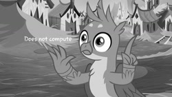 Size: 1280x720 | Tagged: safe, edit, edited screencap, screencap, character:gallus, episode:uprooted, g4, my little pony: friendship is magic, exploitable, exploitable meme, grayscale, griffonstone, male, meme, monochrome, solo