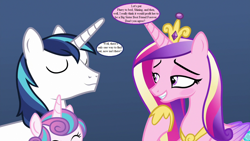 Size: 1280x720 | Tagged: safe, edit, edited screencap, screencap, character:princess cadance, character:princess flurry heart, character:shining armor, species:alicorn, species:pony, species:unicorn, ship:shiningcadance, episode:best gift ever, g4, my little pony: friendship is magic, blushing, crown, dialogue, female, good clean married sex, husband and wife, imminent sex, implied sex, jewelry, male, mare, peytral, regalia, shipping, speech bubble, stallion, straight