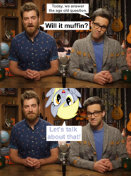 Size: 1605x2160 | Tagged: safe, edit, edited screencap, screencap, character:derpy hooves, species:human, good mythical morning, rhett and link, will it muffin?