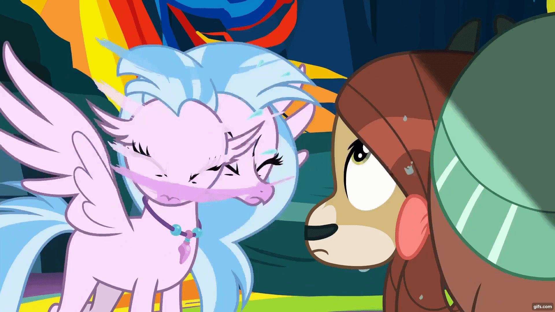 Size: 1920x1080 | Tagged: safe, edit, edited screencap, screencap, character:silverstream, character:yona, species:hippogriff, species:yak, episode:uprooted, g4, my little pony: friendship is magic, animated, eyeroll, eyes closed, gif, gifs.com, painting, shadow, shaking, wet