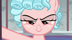 Size: 1280x720 | Tagged: safe, edit, edited screencap, screencap, character:cozy glow, species:pegasus, species:pony, episode:school raze, g4, my little pony: friendship is magic, adorabolical, cozy glow is best facemaker, cozybetes, cute, door, evil grin, female, filly, foal, grin, inverted mouth, lidded eyes, looking at you, pure concentrated unfiltered evil of the utmost potency, reaction image, smiling, solo