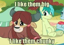 Size: 819x576 | Tagged: safe, edit, edited screencap, screencap, character:ocellus, character:sandbar, character:yona, species:changedling, species:changeling, species:earth pony, species:pony, species:reformed changeling, species:yak, ship:yonabar, episode:school daze, g4, my little pony: friendship is magic, caption, cropped, cute, female, grin, image macro, implied yonabar, interspecies, looking sideways, madagascar (movie), madagascar 2, male, moto moto, prone, sandabetes, shipping, smiling, squee, straight, teenager, text, yonadorable