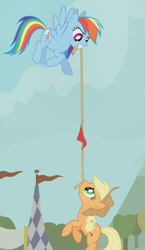 Size: 1560x2683 | Tagged: safe, edit, edited screencap, screencap, character:applejack, character:rainbow dash, species:earth pony, species:pegasus, species:pony, episode:fall weather friends, g4, my little pony: friendship is magic, cheating, competition, composite screencap, flag, flying, hanging, mouth hold, panorama, rope, tug of war