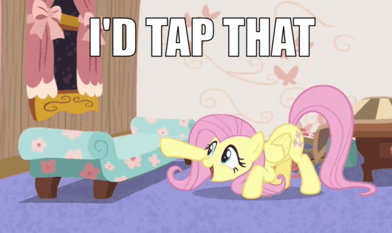 Size: 564x335 | Tagged: safe, edit, edited screencap, screencap, character:fluttershy, species:pony, episode:discordant harmony, g4, my little pony: friendship is magic, animated, caption, cute, fainting couch, female, gif, image macro, impact font, pun, shyabetes, solo, tapping, text