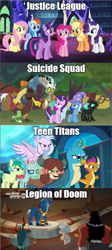 Size: 640x1426 | Tagged: safe, edit, edited screencap, screencap, character:applejack, character:cozy glow, character:discord, character:fluttershy, character:gallus, character:grogar, character:lord tirek, character:ocellus, character:pinkie pie, character:queen chrysalis, character:rainbow dash, character:rarity, character:sandbar, character:silverstream, character:smolder, character:starlight glimmer, character:thorax, character:trixie, character:twilight sparkle, character:twilight sparkle (alicorn), character:yona, species:alicorn, species:changedling, species:changeling, species:draconequus, species:dragon, species:earth pony, species:griffon, species:pegasus, species:pony, species:reformed changeling, species:unicorn, species:yak, episode:school raze, episode:the beginning of the end, episode:to where and back again, equestria girls:rainbow rocks, g4, my little pony: equestria girls, my little pony: friendship is magic, my little pony:equestria girls, caption, changeling queen, comparison, crystal ball, dc comics, female, filly, grogar's orb, justice league, legion of doom, mane six, student six, suicide squad, teen titans