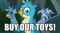 Size: 1024x576 | Tagged: safe, edit, edited screencap, screencap, character:gallus, episode:uprooted, g4, my little pony: friendship is magic, buy our toys, caption, duckery in the description, image macro, sock puppet, text