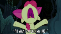 Size: 1280x720 | Tagged: safe, edit, edited screencap, screencap, character:apple bloom, episode:bloom and gloom, g4, my little pony: friendship is magic, apple bloom's bow, bow, caption, female, hair bow, hug request, image macro, screaming, solo, text, vulgar