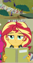 Size: 600x1139 | Tagged: safe, edit, edited screencap, screencap, character:king sombra, character:sunset shimmer, episode:the beginning of the end, episode:the finals countdown, g4, my little pony: equestria girls, my little pony: friendship is magic, my little pony:equestria girls, caption, image macro, sunset shimmer is not amused, text, unamused