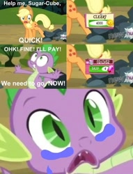 Size: 500x654 | Tagged: safe, edit, edited screencap, gameloft, screencap, character:applejack, character:spike, species:dragon, species:earth pony, species:pony, episode:spike at your service, g4, my little pony: friendship is magic, crying, female, gameloft interpretation, male, mare
