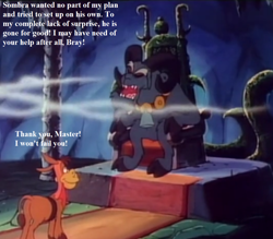 Size: 1056x924 | Tagged: safe, edit, edited screencap, screencap, character:grogar, episode:the beginning of the end, episode:the return of tambelon, g1, g4, my little pony 'n friends, my little pony: friendship is magic, bray, cloven hooves, cropped, dialogue, g1 to g4, generation leap, grogar (g1), implied king sombra, plot, tambelon, throne