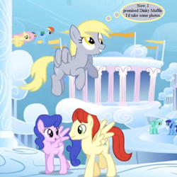 Size: 624x624 | Tagged: safe, edit, edited screencap, screencap, character:cool star, character:derpy hooves, character:fluttershy, character:rainbow dash, character:starburst, species:pony, episode:sonic rainboom, g4, my little pony: friendship is magic, blueberry cloud, cloudsdale, cropped, cute, derpabetes, implied dinky, pennant, skyra, stardancer, thought bubble