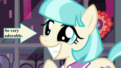 Size: 1280x720 | Tagged: safe, edit, edited screencap, screencap, character:coco pommel, episode:made in manehattan, g4, my little pony: friendship is magic, arrow, bow, captain obvious, cocobetes, cute, mane bow, manehattan, op is right, smiling, text