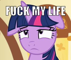 Size: 1255x1053 | Tagged: safe, edit, edited screencap, screencap, character:twilight sparkle, character:twilight sparkle (alicorn), species:alicorn, species:pony, episode:a flurry of emotions, g4, my little pony: friendship is magic, annoyed, caption, cropped, female, floppy ears, fml, image macro, reaction image, solo, text, vulgar