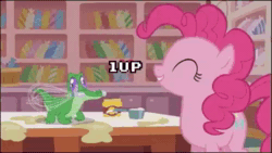 Size: 500x282 | Tagged: safe, edit, edited screencap, screencap, character:gummy, character:pinkie pie, episode:the lost treasure of griffonstone, g4, my little pony: friendship is magic, 1up, animated, cute, diapinkes, eyes closed, kissing, mouth hold, nose kiss, profile, sound, super mario bros., webm, whisk