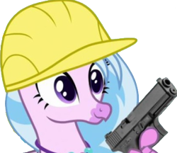 Size: 363x313 | Tagged: safe, edit, edited screencap, screencap, character:silverstream, species:hippogriff, species:pony, episode:non-compete clause, g4, my little pony: friendship is magic, clothing, construction helmet, emote, emotes, female, glock, gun, handgun, hard hat, hat, jewelry, necklace, no trigger discipline, pistol, simple background, solo, teenager, transparent background, weapon