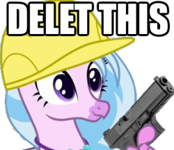Size: 363x313 | Tagged: safe, edit, edited screencap, screencap, character:silverstream, species:classical hippogriff, species:hippogriff, episode:non-compete clause, g4, my little pony: friendship is magic, caption, delet this, emote, female, glock, gun, handgun, hard hat, hat, image macro, jewelry, meme, necklace, no trigger discipline, pistol, simple background, solo, text, transparent background, weapon