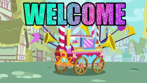 Size: 480x270 | Tagged: safe, edit, edited screencap, screencap, character:cranky doodle donkey, character:pinkie pie, species:pony, episode:a friend in deed, g4, my little pony: friendship is magic, animated, caption, cart, eyes closed, gif, happy, image macro, party, ponyville, slide, sliding, song, text, welcome, welcome song