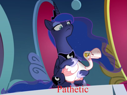 Size: 1241x929 | Tagged: safe, edit, edited screencap, screencap, character:princess luna, species:alicorn, species:bird, species:pony, episode:sparkle's seven, g4, my little pony: friendship is magic, animal, cropped, discovery family logo, duo, ethereal mane, female, galaxy mane, goose, lidded eyes, luna petting goose, mare, pathetic, solo