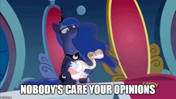 Size: 806x451 | Tagged: safe, edit, edited screencap, screencap, character:princess luna, species:alicorn, species:bird, species:pony, episode:sparkle's seven, g4, my little pony: friendship is magic, animal, duo, engrish, ethereal mane, female, galaxy mane, goose, lidded eyes, luna petting goose, mare, meme