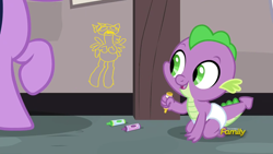 Size: 1920x1080 | Tagged: safe, edit, edited screencap, screencap, character:spike, character:twilight sparkle, species:dragon, episode:sparkle's seven, episode:testing testing 1-2-3, g4, my little pony: friendship is magic, baby, baby dragon, baby spike, crayon, crayon drawing, cute, dawwww, diaper, discovery family logo, happy, i am not that tall, offscreen character, smiling, spikabetes, traditional art