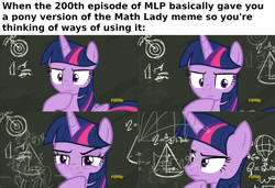 Size: 1600x1094 | Tagged: safe, edit, edited screencap, screencap, character:twilight sparkle, character:twilight sparkle (alicorn), species:alicorn, species:pony, episode:sparkle's seven, g4, my little pony: friendship is magic, chalkboard, discovery family logo, female, mare, math lady meme, meme, solo, thinking
