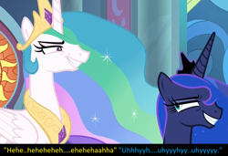 Size: 1412x964 | Tagged: safe, edit, edited screencap, screencap, character:princess celestia, character:princess luna, species:alicorn, species:pony, episode:sparkle's seven, g4, my little pony: friendship is magic, caption, laughing, laughingmares.jpg, meta, reference, royal sisters