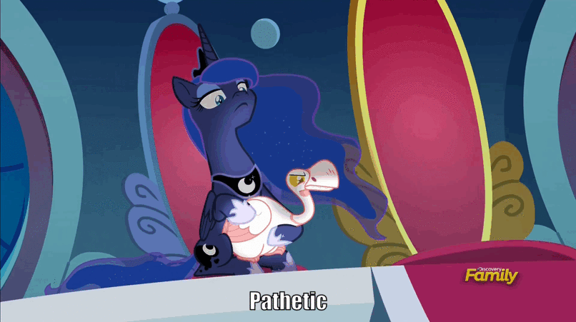Size: 806x451 | Tagged: safe, edit, edited screencap, screencap, character:princess luna, species:alicorn, species:bird, species:pony, episode:sparkle's seven, g4, my little pony: friendship is magic, animal, animated, caption, duo, ernst stavro blofeld, ethereal mane, female, galaxy mane, gif, goose, image macro, lidded eyes, luna petting goose, mare, meme, pathetic, petting, principal skinner, text, the simpsons, throne