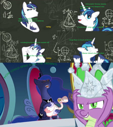Size: 1832x2050 | Tagged: safe, edit, edited screencap, screencap, character:princess luna, character:shining armor, character:spike, species:alicorn, species:dragon, species:pony, species:unicorn, episode:sparkle's seven, g4, my little pony: friendship is magic, blofeld, chalk drawing, chalkboard, cracked armor, crazy face, crown, dio brando, discovery family logo, exclamation point, faec, greentext, hard-won helm of the sibling supreme, hoof shoes, interrobang, it was me, it was me dio, jewelry, jojo's bizarre adventure, kono dio da, luna petting goose, meme, phantom blood, question mark, regalia, text, traditional art, unshorn fetlocks