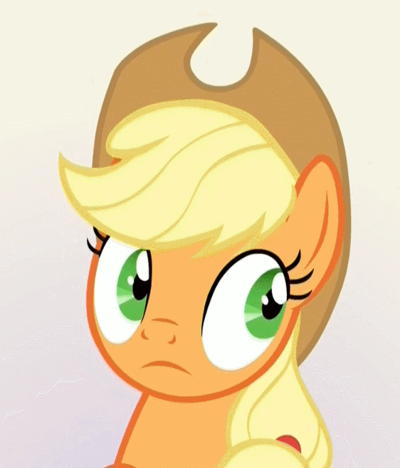 Size: 562x658 | Tagged: safe, edit, edited screencap, screencap, character:applejack, species:earth pony, species:pony, episode:sparkle's seven, g4, my little pony: friendship is magic, :|, animated, aside glance, female, gif, liarjack, looking at you, looking sideways, mare, nervous, poker face, shifty eyes, solo