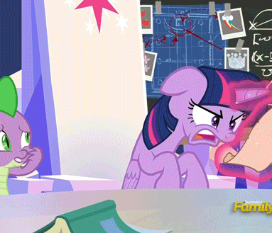 Size: 383x329 | Tagged: safe, edit, edited screencap, screencap, character:spike, character:twilight sparkle, character:twilight sparkle (alicorn), species:alicorn, species:dragon, species:pony, episode:sparkle's seven, g4, my little pony: friendship is magic, animated, book, chalkboard, chart, charts and graphs, cropped, cutie map, duckface, duo, floppy ears, friendship throne, gif, oh come on, pouting, text