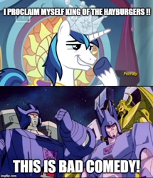Size: 500x581 | Tagged: safe, edit, edited screencap, screencap, character:shining armor, species:pony, species:unicorn, episode:sparkle's seven, g4, my little pony: friendship is magic, canterlot castle, clash of hasbro's titans, crown, cyclonus, discovery family logo, dork, galvatron, grin, hard-won helm of the sibling supreme, jewelry, lidded eyes, male, meme, paper crown, regalia, smiling, smug, solo, stallion, the transformers: the movie, this is bad comedy, throne room, transformers