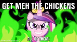 Size: 750x413 | Tagged: safe, edit, edited screencap, screencap, character:queen chrysalis, species:pony, episode:a canterlot wedding, g4, my little pony: friendship is magic, chicken run, fake cadance, fire, hit by a truck of nostalgia, hit by lightning mcqueen, movie quote