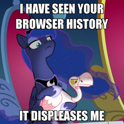 Size: 600x600 | Tagged: safe, edit, edited screencap, screencap, character:princess luna, species:alicorn, species:bird, species:pony, episode:sparkle's seven, g4, my little pony: friendship is magic, animal, browser history, caption, cropped, disapproval, duo, ethereal mane, female, galaxy mane, goose, image macro, lidded eyes, luna petting goose, mare, petting, text, throne