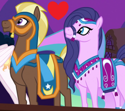 Size: 828x734 | Tagged: safe, edit, screencap, character:amira, character:haakim, character:princess celestia, species:pony, episode:magic duel, g4, my little pony: friendship is magic, blank flank, bridle, crack shipping, cropped, duo, female, haakimira, heart, male, mare, offscreen character, saddle arabian, shipping, stallion, straight, tack