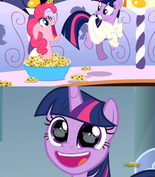 Size: 1364x1560 | Tagged: safe, edit, edited screencap, screencap, character:pinkie pie, character:twilight sparkle, character:twilight sparkle (alicorn), character:twilight sparkle (unicorn), species:alicorn, species:earth pony, species:pony, species:unicorn, episode:green isn't your color, episode:sparkle's seven, g4, my little pony: friendship is magic, comparison, crown, eye reflection, faec, forever, hard-won helm of the sibling supreme, paper crown, pinkie being pinkie, pinkie physics, reflection, sponge