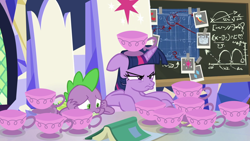 Size: 1920x1080 | Tagged: safe, edit, edited screencap, screencap, character:spike, character:twilight sparkle, character:twilight sparkle (alicorn), species:alicorn, species:dragon, species:pony, episode:all bottled up, episode:sparkle's seven, g4, my little pony: friendship is magic, book, chalkboard, cup, cutie map, duckface, duo, female, floppy ears, friendship throne, grumpy, grumpy twilight, implied trixie, madorable, male, mare, pouting, teacup, unamused, winged spike, wings