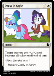 Size: 375x523 | Tagged: safe, edit, edited screencap, screencap, character:rainbow dash, character:rarity, species:pegasus, species:pony, species:unicorn, episode:sparkle's seven, g4, my little pony: friendship is magic, ccg, clothing, dress, duo, ear piercing, earring, eyeshadow, fedora, female, hat, jewelry, magic the gathering, makeup, mare, megaradash, necklace, piercing, rainbow dash always dresses in style, trading card, trading card edit, trenchcoat