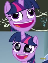 Size: 1166x1532 | Tagged: safe, edit, screencap, character:twilight sparkle, character:twilight sparkle (alicorn), species:alicorn, species:pony, episode:best gift ever, episode:sparkle's seven, g4, my little pony: friendship is magic, chalkboard, comparison, crown, cute, discovery family logo, eye reflection, faec, female, forever, hard-won helm of the sibling supreme, mare, pudding face, reflection, solo, twilight sparkle is best facemaker