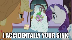 Size: 949x533 | Tagged: safe, edit, edited screencap, screencap, character:applejack, character:rarity, character:spike, species:dragon, species:earth pony, species:pony, species:unicorn, episode:spike at your service, g4, my little pony: friendship is magic, broom, caption, female, image macro, male, mare