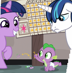 Size: 1770x1793 | Tagged: safe, edit, edited screencap, screencap, character:shining armor, character:spike, character:twilight sparkle, character:twilight sparkle (unicorn), species:dragon, species:pony, species:unicorn, episode:sparkle's seven, g4, my little pony: friendship is magic, baby, baby dragon, baby spike, chart, composite screencap, crayon, cute, diaper, female, filly, filly twilight sparkle, foreshadowing, frown, gold star, happy, male, panorama, sad, shining armor's cutie mark, siblings, smiling, sparkle siblings, spikabetes, teen shining armor, teenager, trio, twilight's cutie mark, written equestrian, younger